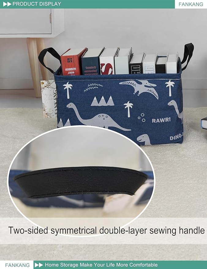 FANKANG Storage Bins, Nursery Hamper Canvas Laundry Basket Foldable with Waterproof PE Coating Large Storage Baskets for Kids Boys and Girls, Office, Bedroom, Clothes,Toys(Rec-Blue dinosaur