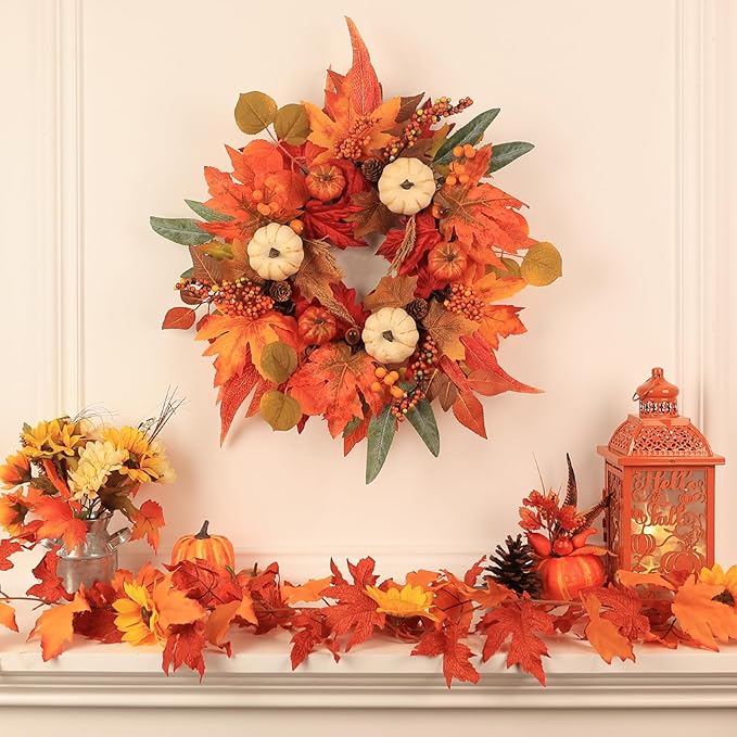 Fall Wreaths for Front Door, DECSPAS 21" Fall Wreath with Maple Leaves Pumpkin Berries, Autumn Decorations for Home, Artificial Harvest Door Wreath Outside, Window, Wall, Fireplace, Thanksgiving Decor