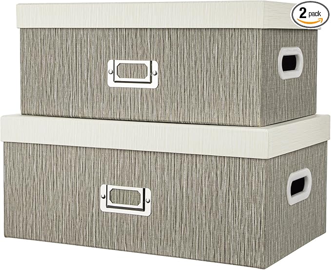 Briful Set of 2 Decorative Storage Boxes with Lids – Gray & White Nesting Organizer Bins, 14'' + 13'' Set Rectangular Fabric Covered Cardboard Boxes for Office, Closet, or Home Decor