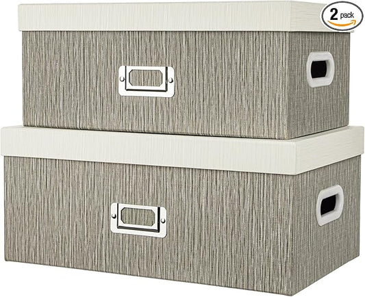 Briful Set of 2 Decorative Storage Boxes with Lids – Gray & White Nesting Organizer Bins, 14'' + 13'' Set Rectangular Fabric Covered Cardboard Boxes for Office, Closet, or Home Decor