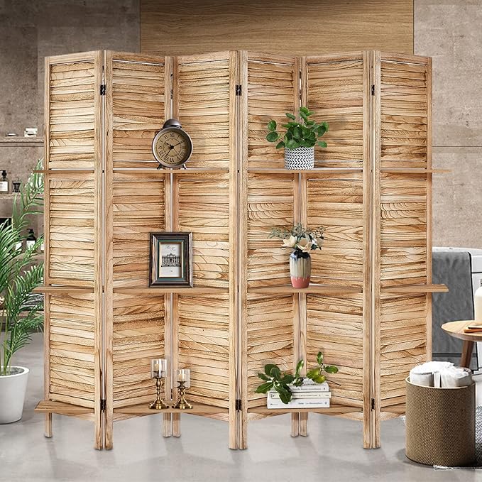 Room Divider with Shelves, Privacy Screen, Room Dividers and Folding Privacy Screens, 6 Panel Wood Temporary Wall Partition Separation Separator, Natural