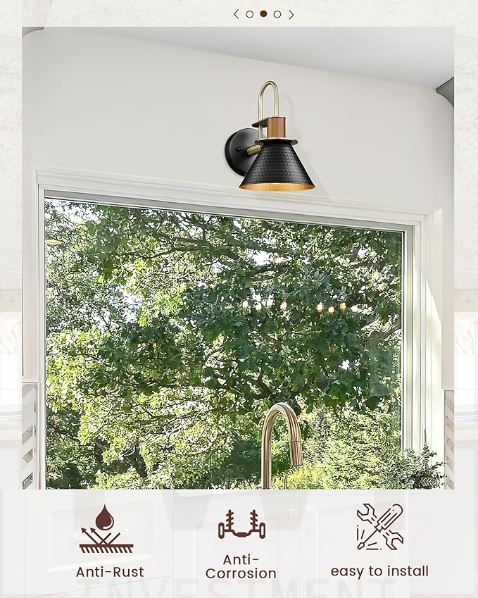 Modern Wall Sconces Set of Two, HWH Industrial Sconce Wall Lighting Indoor Wall Lamp, Gooseneck 1-Light Barn Vanity Light, Hammered Metal Shade, Black and Gold Finish, 5HZG74B-2 BK+BG