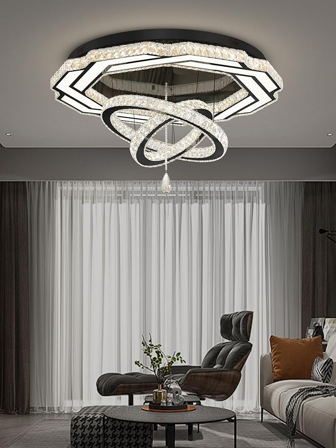 Flashing God Large Crystal Chandelier Dia 48" Black Chandelier Flush Mount Ceiling Light for Bedroom Living Room Dining Room Hallway Dimmable 3 Rings LED Celing Lighting Fixtures