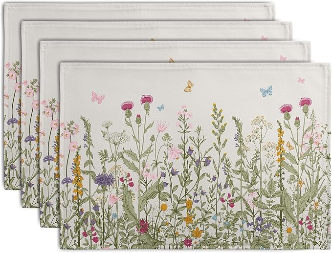 Rustic Wildflower Floral Placemats Set of 4 Spring Summer Vintage Flowers Plants Herbs Linen Table Mats 12x18 Inch Seasonal Flower Decorative Place mats for Farmhouse Kitchen Dining Decoration