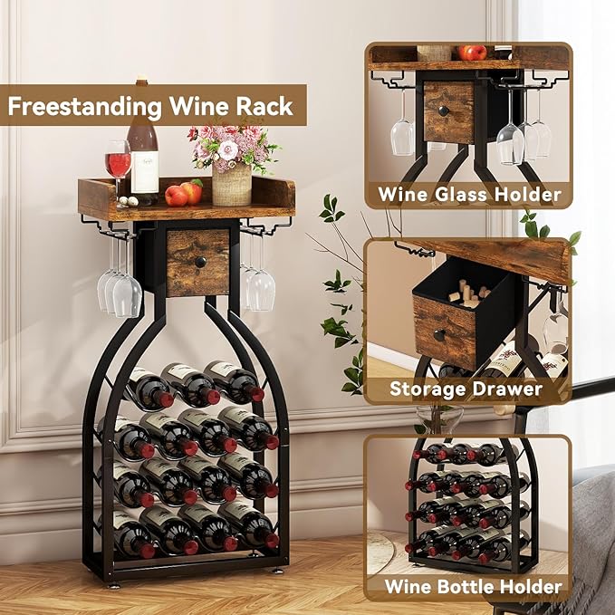 IBUYKE Wine Rack Freestanding Floor,Wine Storage 15 Bottles Bottle Rack with Glass Holders, Mini Bar Wine Cabinet with Storage Drawer for Home Bar Kitchen Dining Room,Rustic Brown,UTMJ908H