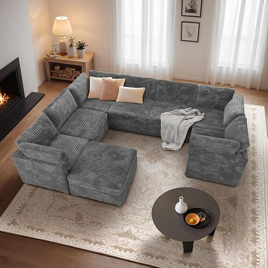 Modular Sectional Sofa with Chaise U Shaped Sectional Couch for Living Room, 8-Seater Comfy Cloud Couches with One Movable Ottoman, Plush Corduroy, Gray