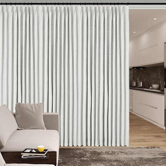 Extra Wide 100% Blackout Linen Textured Curtains - Room Dividers, W200 x L96 (1 Panel), Pinch Pleat Drapes for Living Room, Full Light Block Out Drapery for Sliding Door, Greyish White