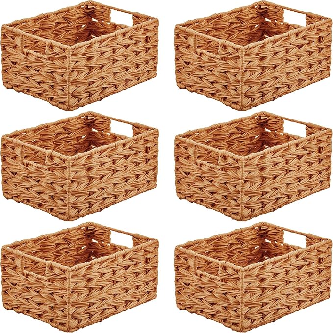 mDesign Woven Farmhouse Kitchen Pantry Food Storage Organizer Basket Bin Box - Container Organization for Cabinets, Cupboards, Shelves, Countertops - Store Potatoes, Onions, Fruit, 6 Pack, Camel Brown