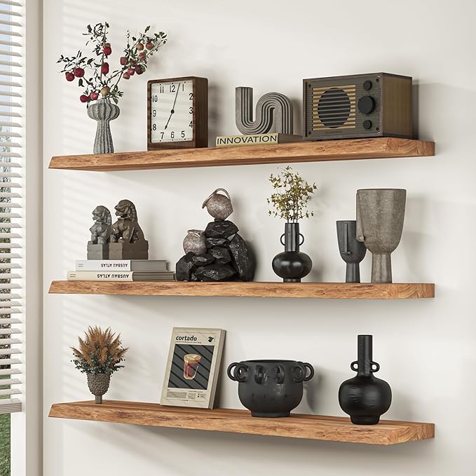 Fun Memories Floating Shelves for Wall, Live Edge 32" W x 9.3" D x 1.5" H Wood Floating Shelf, Set of 2 with Invisible Heavy-Duty Metal Bracket, Deep Floating Shelf for Living Room Kitchen, Natural