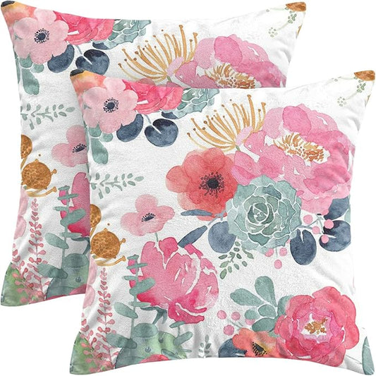 CXMEIFLY Spring Floral Pillow Covers 20 x 20 Inch Set of 2 for Watercolor Pink Flowers Decor Throw Pillows Green Leaves Plant Outdoor Decorative Cushion Cases with Zipper for Couch Bed Decorations