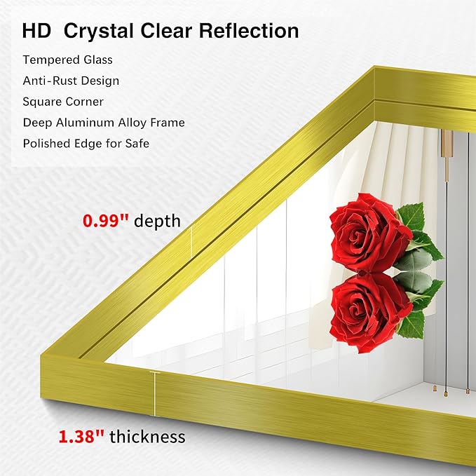 Gold Bathroom Mirror, 36x55 Inch Rectangular Deep Frame Mirror, Large Wall Mounted Bathroom Vanity Mirror Over Sink for Bedroom,Restroom, Living Room, Hangs Vertically or Horizontally