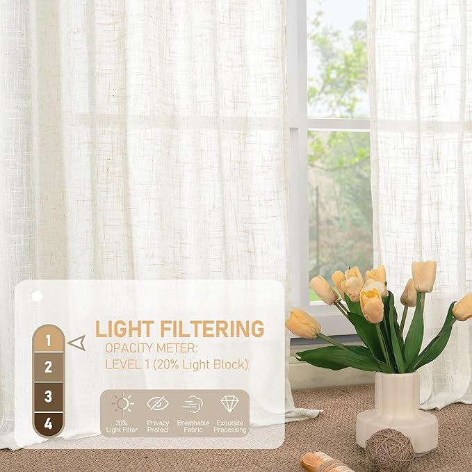 LAMIT Sheer Linen Curtains 63 inches Long for Bedroom, Bronze Grommet Linen Drapes Light Filtering Semi Sheer Curtains for Small Window/Farmhouse, 2 Panels (52 x 63 Inch, Cream)