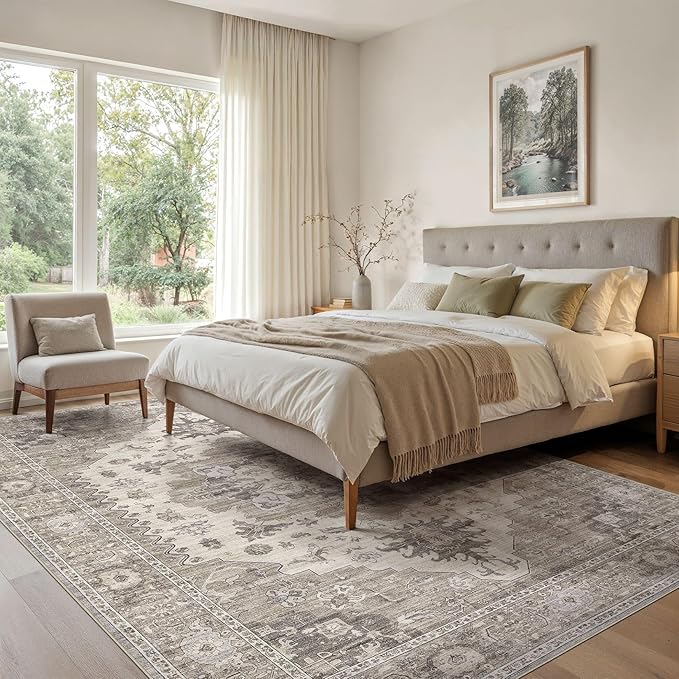 Washable Area Rugs for Living Room -6x9 Neutral Vintage Distressed Floral Farmhouse Boho Large Soft Floor Rug Indoor Non Slip Carpet for Living Room Bedroom Dining Room Office-Brown/Beige