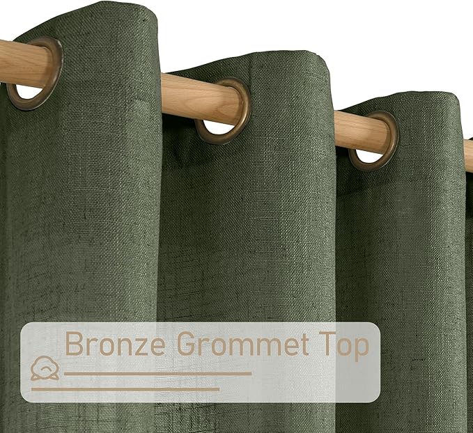 LAMIT Olive Green Linen Curtains 84 inch Length, Soft Linen Textured Light Filtering Semi Sheer Panels with Bronze Grommet for Bedroom/Living Room, 2 Panels, 34 x 84 Inch