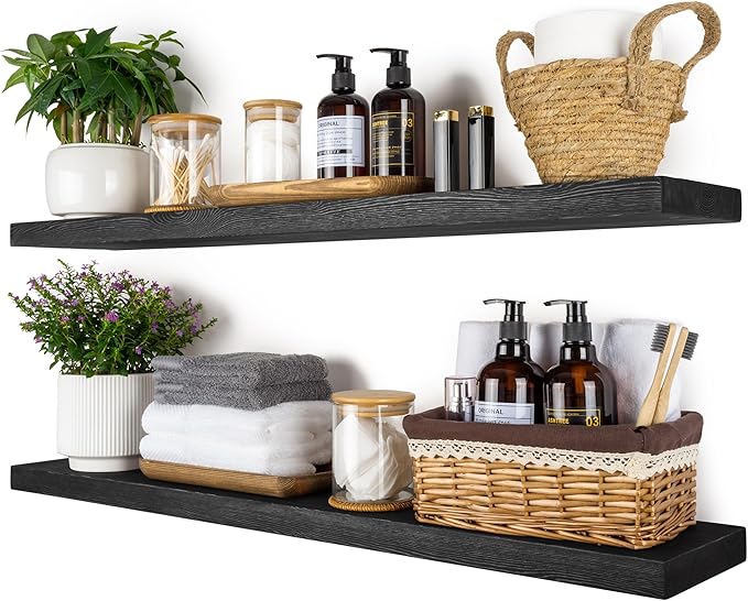 BGMG Wood Floating Shelves 36 inch Long,Wide Rustic Wooden Wall Shelves for Bathroom Living Room Bedroom Kitchen Farmhouse Set of 2-36x6.7x1.25 inch-Black