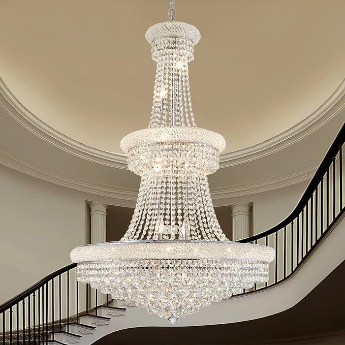 High Ceiling Chandelier 19-Lights Modern Crystal Chandeliers Silver Large Foyer Chandelier Fixtures for Staircase Living Room Hallway Entryway (H47 x W31.5)