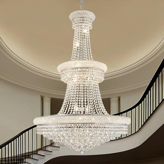 High Ceiling Chandelier 19-Lights Modern Crystal Chandeliers Silver Large Foyer Chandelier Fixtures for Staircase Living Room Hallway Entryway (H47 x W31.5)