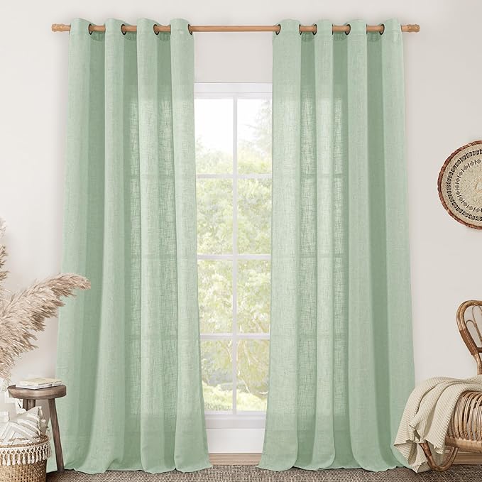 LAMIT Linen Curtains 90 Inch Length for Living Room 2 Panels, Fresh Green Bronze Grommet Light Filtering Semi Sheer Linen Window Drapes Farmhouse Boho Decor Curtains for Bedroom, 52 x 90 Inch