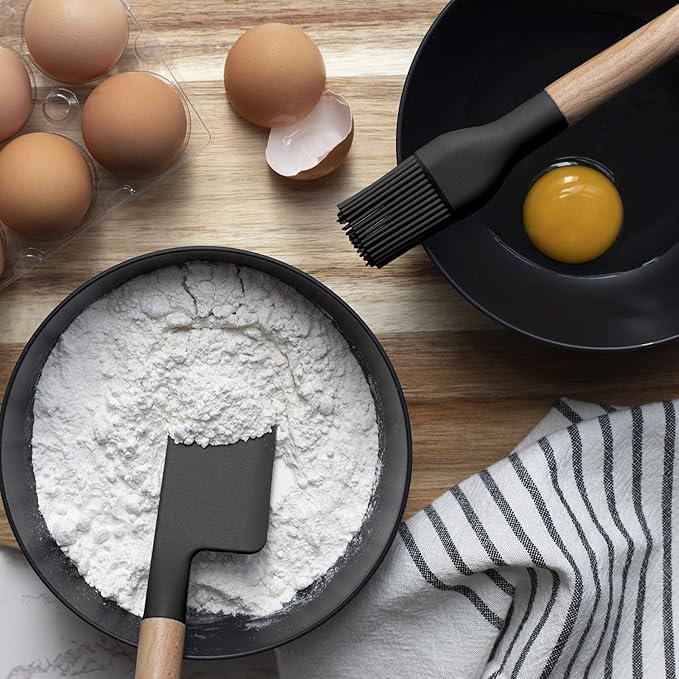 Country Kitchen Non Stick Silicone Utensil Set with Rounded Wood Handles for Cooking and Baking, 6 Piece Set, Black