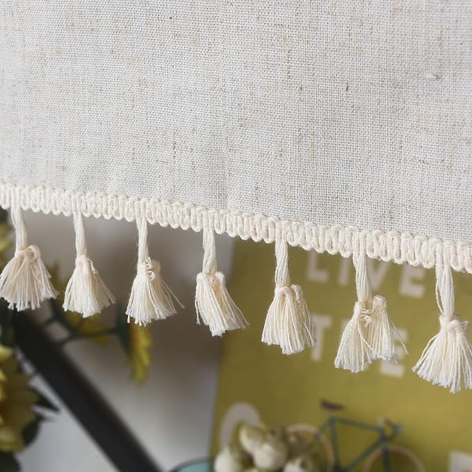 Sutuo Home Boho Sheer Curtain Valance Tier Cotton Linen with Bohemian Handmade Tassels, Short French Farmhouse Window Treatment for Kitchen Cafe, Rod Pocket, 1 Panel 59" W x 24" L, Natural Textured