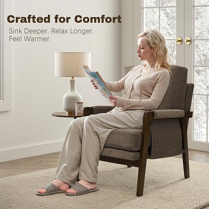 Modern Accent Chairs Set of 2 for Living Room Mid Century Arm Chairs Upholstered Bedroom Chairs Comfy Lounge Chairs with Solid Wood Frame, Dark Brown