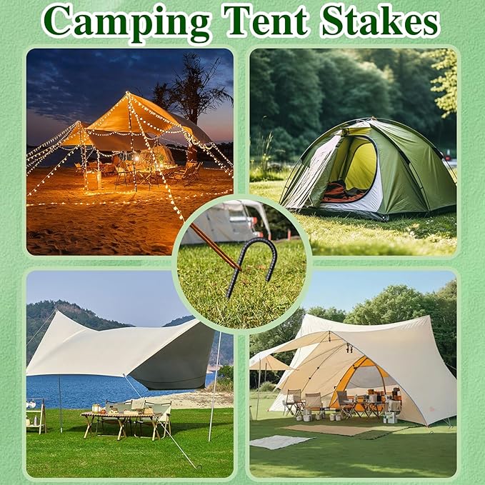 Rebar Stakes 16 Inch 20 Pack J Hook Ground Stakes Heavy Duty Tent Stakes Chain Link Fence Stakes with Chisel Point End Galvanized Steel Ground Anchors Metal Spikes Black Coated