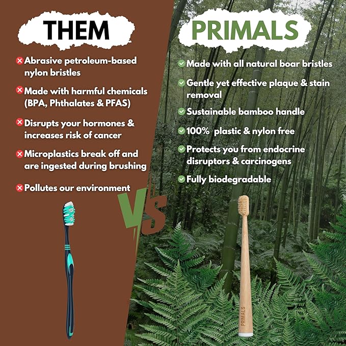 PRIMALS Boar Bristle & Bamboo Toothbrush (4-Pack) - Premium Boar Bristles - Fully Biodegradable - Plastic & Nylon Free - Quick Dry Design