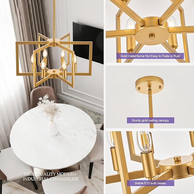 Modern Farmhouse Gold Chandeliers for Dining Room, 6-Light Industrial Metal Chandeliers Geometric Pendant Lights Kitchen Island for Entryway Stairway Foyer Hallway