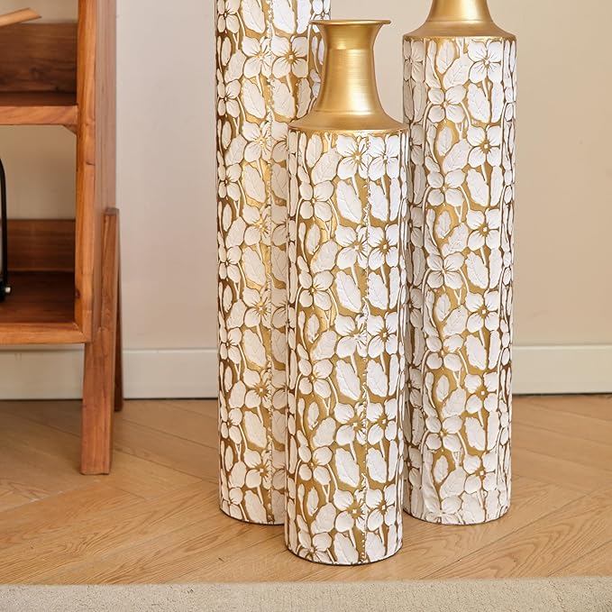 Medhansh Metal Floor Vase, Tall Floor Vase with Gold Twig Pattern, Antique White Finish (Set of 3)