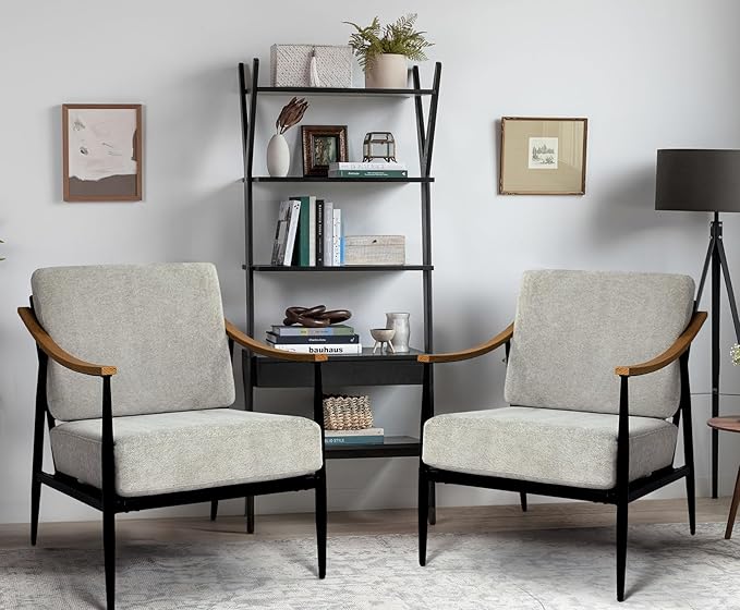 Modern Accent Chairs Set of 2 for Living Room Bedroom Mid Century Arm Chairs Upholstered Office Accent Chairs Comfy Waiting Room Chairs with Metal Frame, Grey
