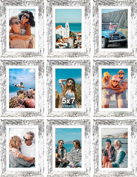 Vittanly 5x7 Picture Frames Set of 9, Shatter Resistant Plexiglass, Display 4x6 Pictures with Mat or 5x7 without Mat, Photo Frames for Wall or Tabletop, Engineered Wood, Distressed White