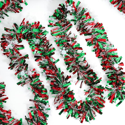 50 Feet Green Red Christmas Metallic Tinsel Twist Hanging Garland with Snowflake for Home Mantle Xmas Tree Staircase Railing New Year Holiday Party Indoor Outdoor Decorations
