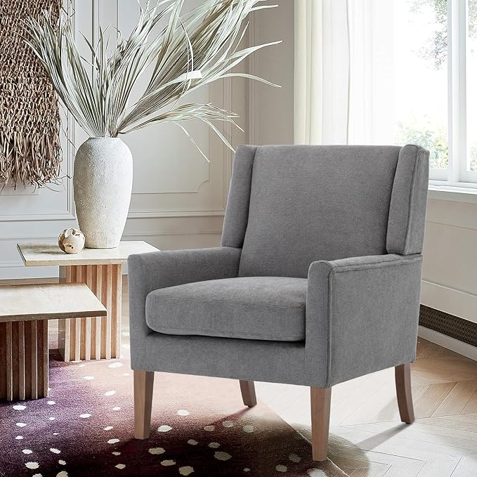 COLAMY Modern Wingback Living Room Chair, Upholstered Fabric Accent Armchair, Single Sofa Chair with Lounge Seat and Wood Legs for Bedroom/Office/Reading Spaces, Gery