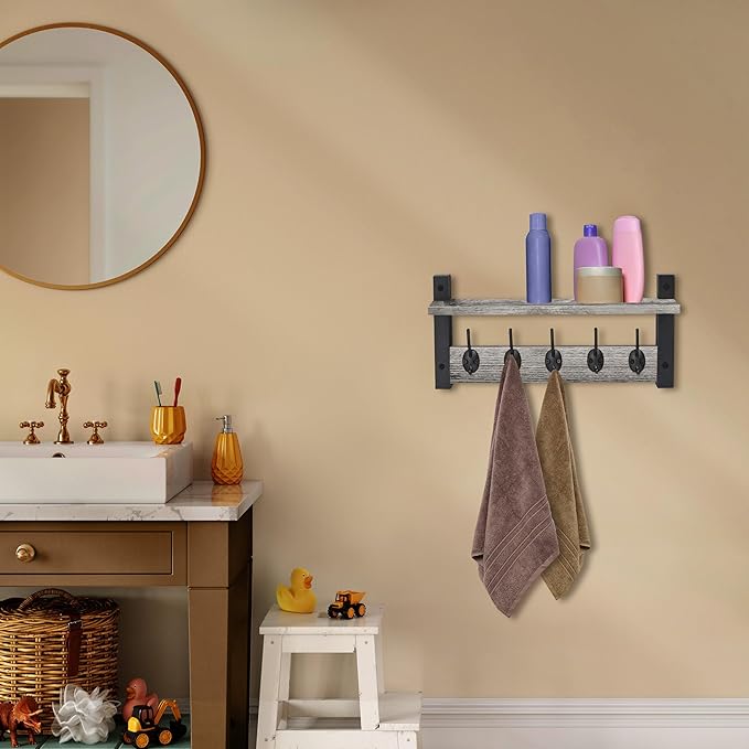 Sorbus Coat Hooks Wall Mount with Shelf – 16 Inch Coat Rack Wall Mount with 5 Heavy Duty Hooks – Floating Wall Shelf with Hooks for Entryway, Bathroom, Bedroom, Kitchen, or Mudroom (Gray)