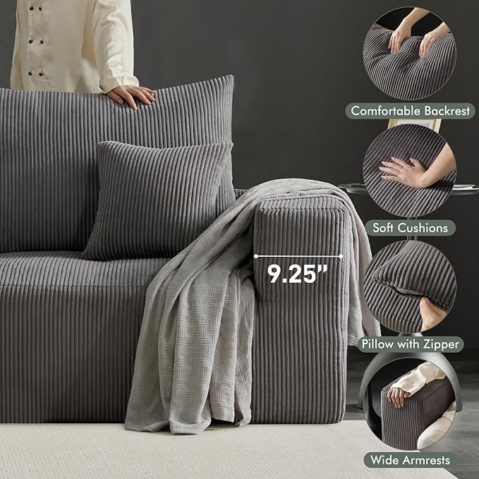 Boneless Cloud Couch Sofa for Living Room, 112" 3 Seater Grey Modern Lounge Sleeper Couch, No Assemble, Cordury Compression Upholstered Couches