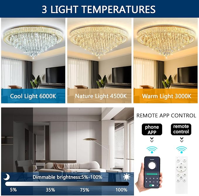 Modern Crystal Chandeliers LED Dimmable Flush Mount Ceiling Chandeliers for Living Room High Ceiling Entrance Foyer Lobby Bedroom Gold