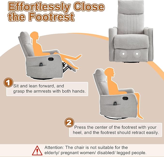 Manual Swivel Rocker Recliner Chair for Adults, Overstuffed Reclining Glider Chair for Nursing with Vibration Massage & Heat, Living Room Rocking Recliner 2-Stage backrest, Chenille Fabric Light Gray