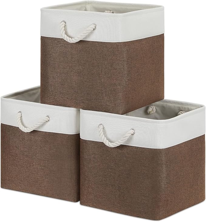 Bidtakay Collapsible Rustic Cube Storage - Brown Cloth Baskets with Handles, 13x13x13 Inch, Set of 3 Fabric Storage Bins