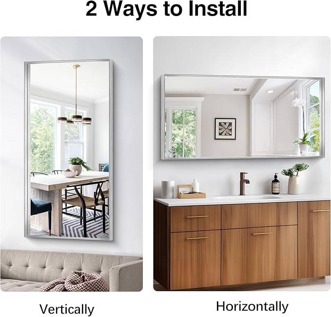 Silver Bathroom Mirror, 24x48 Inch Rectangular Framed Mirror, Large Wall Mounted Bathroom Vanity Mirror Over Sink for Bedroom,Restroom, Living Room, Hangs Vertically or Horizontally