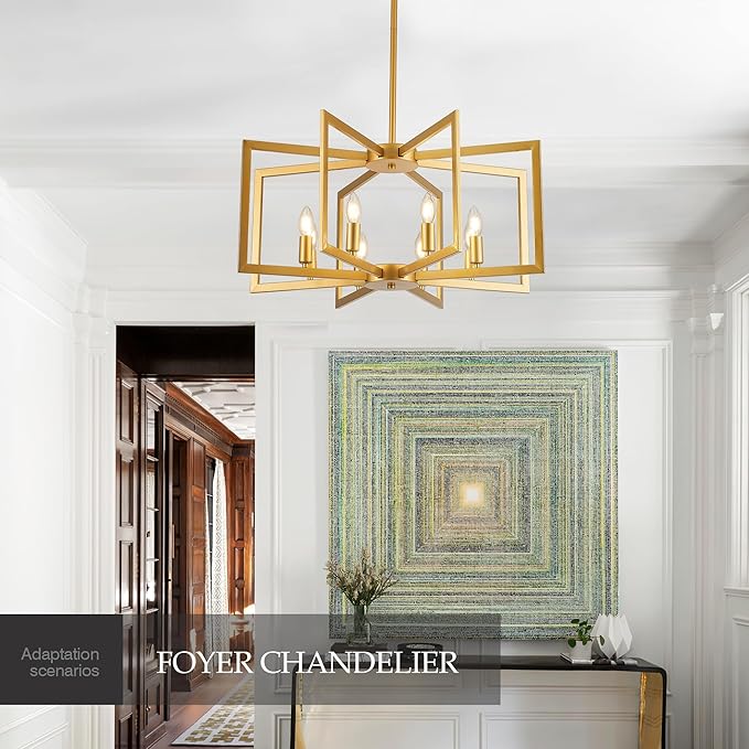 Modern Farmhouse Gold Chandeliers for Dining Room, 8-Light Industrial Metal Chandeliers Geometric Pendant Lights Kitchen Island for Entryway Stairway Foyer Hallway