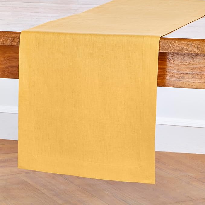 Solino Home Linen Table Runner 120 Inches Long - 100% Pure Linen Mustard Yellow Table Runner 14 x 120 Inch - Fete