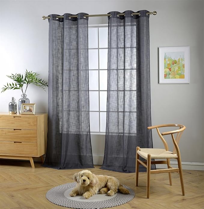 MIUCO Semi Sheer Curtains Poly Linen Textured Solid Grommet Curtains 95 Inches Long for Bedroom 2 Panels (2 x 37 Wide x 95" Long) Charcoal Grey