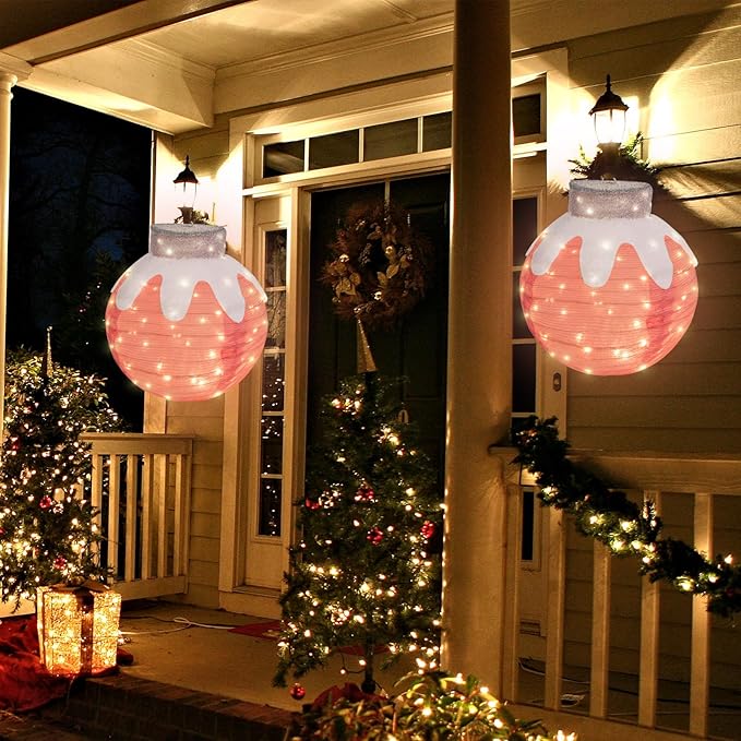 BRIGHTDECK Outdoor Christmas Ornaments, Lighted Pop-Up Outdoor Holiday Ball Decoration with 80 LED Lights, 8 Light Modes, Lighted Collapsible Holiday Decorations for Yard, Home (Pink)
