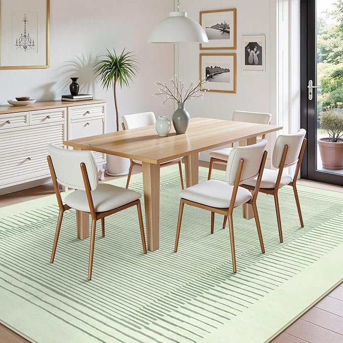Wonnitar Striped Sage Green 9x12 Rugs for Living Room, Non-Slip Soft Sage Green Bedroom Rug, Low Pile Minimalist Floor Carpet for Nursery Playroom Department (Green,9' x 12')