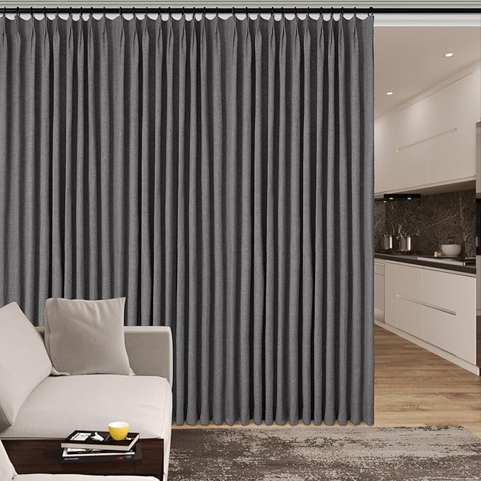 Full Blackout Privacy Curtains, 240 Inch Extra Wide Linen Blend Drapes, Pinch Pleat Window Drapery for Room Divider Storage/Space Room Separation, 1 Panel, W 240" x L 96", Natural Grey