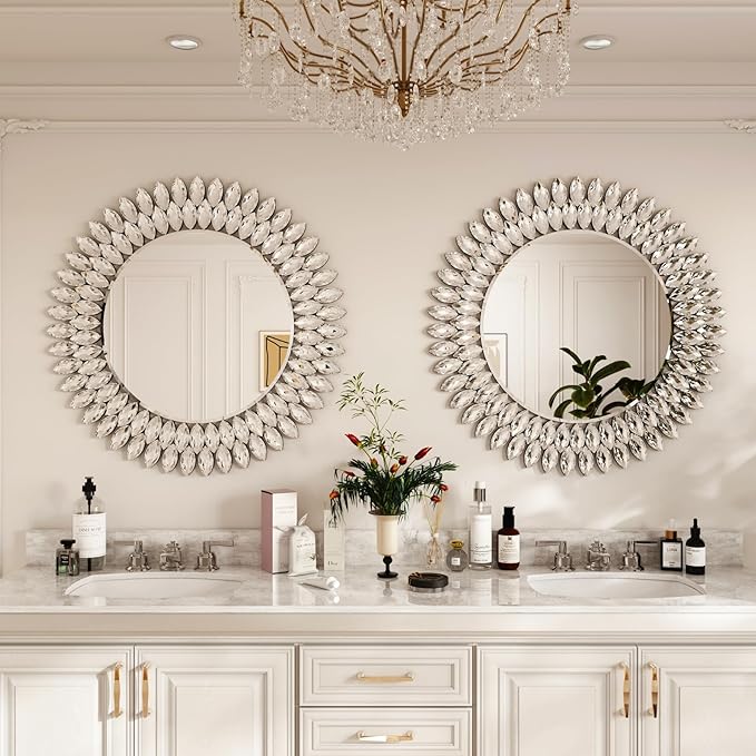 Kelly Miller Round Jeweled Mirror for Wall Decor, 26 in Modern Decorative Wall Mirror with Luxury Diamonds Beveled Vanity Mirror for Bedroom Dresser, Living Room Table, Bathroom, Hallway, Entryway