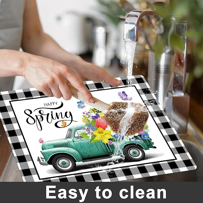 Happy Spring Placemats Set of 6 Easter Plastic Table Mats Spring Placemats Seasonal Place Mats Rustic Vintage Flowers Table Decoration for Indoor Outdoor Party Kitchen Dining