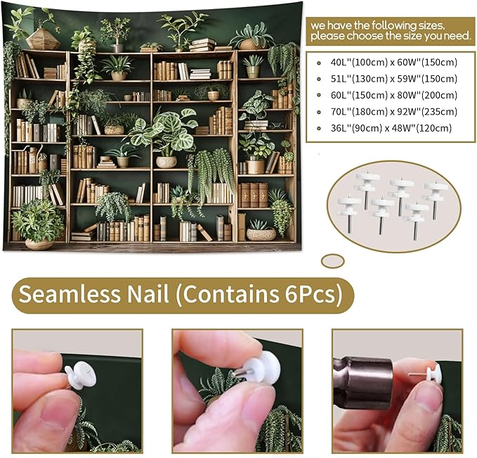 HVEST Green Plant Bookshelf Tapestry Book on Bookshelf and Plant Potted Tapestry Wall Hanging Reading Wall Art Decor for Study Room Bedroom Living Room College Dorm, 40L x 60W Inches