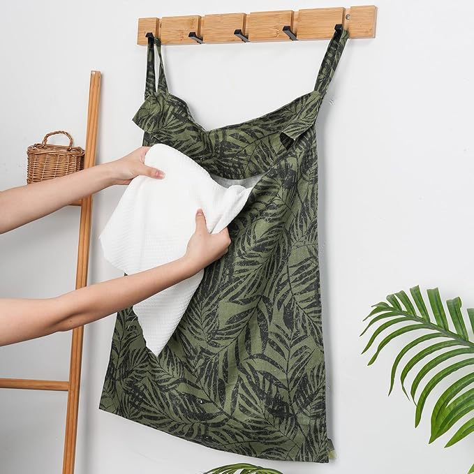 Linen Hanging Laundry Bag, 100% Linen Leaf Print Over The Door Laundry Hamper with Buttons and Zipper, Space Saving Door Hampers for Laundry Dirty Clothes Home Travel, Green, 19.7x27.5inches