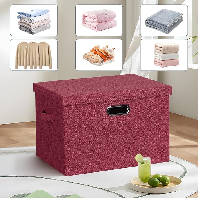 Large 17" 36 Quart Collapsible Stackable Storage Bins with Lids, 3 Packs Bright Red Linen Fabric Closet Boxes with Lids, Storage Cube Baskets Container Organizers for Office (17x12x11)